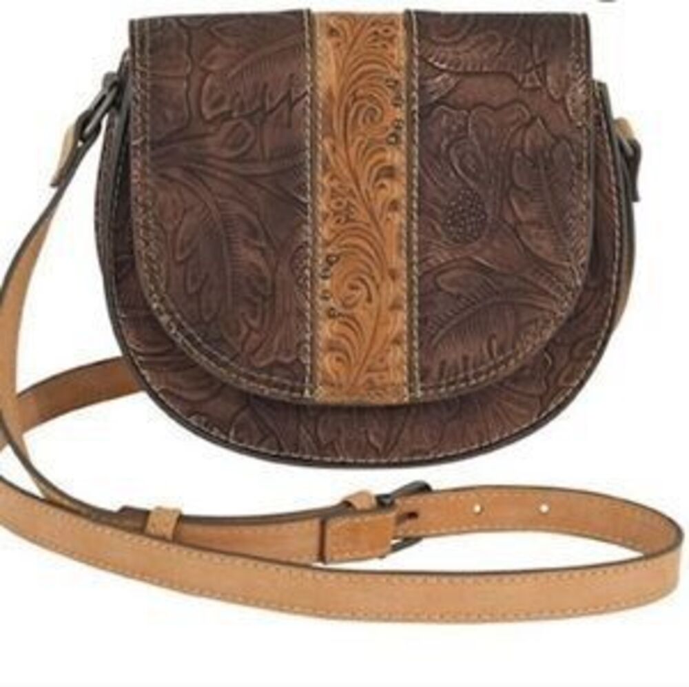 Tony Lama Tooled Leather Saddle Bag Bronzed Floral Brown Crossbody NEW - Picture 1 of 8